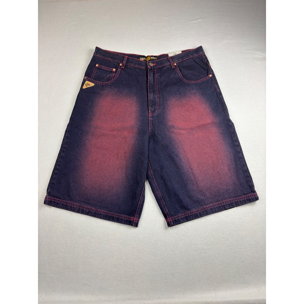NWT BoomX Vintage Y2K Baggy Denim Jorts Shorts Mens 36 Red Contrast Stitch Fade - Picture 1 of 8